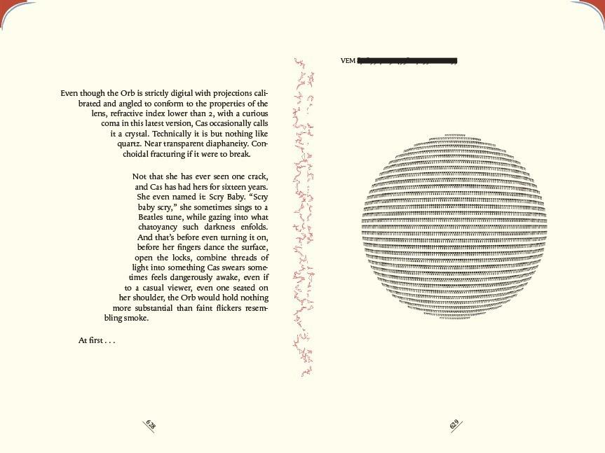 Pages 628-629 in The Familiar, Volume 1. The colors on the upper corners of the pages indicate the character who is narrating.